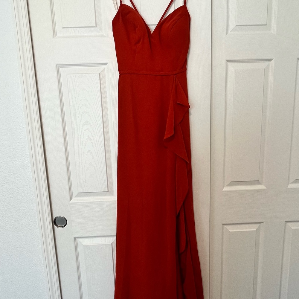 Burnt Orange Spaghetti-Strap Evening Dress